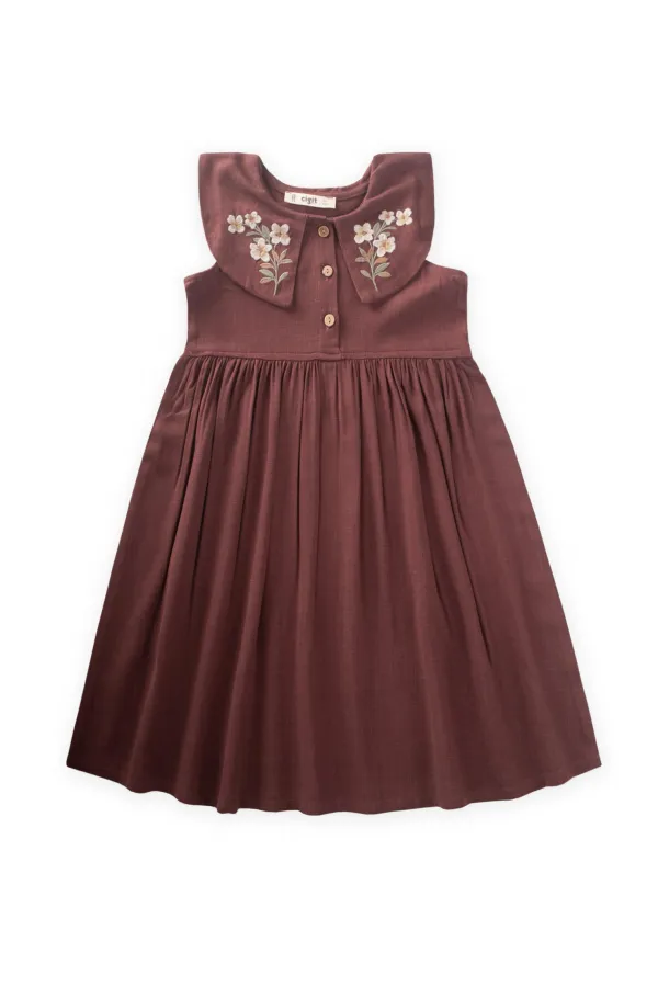 Robe en lin à col brodé pour enfants de 2 à 7 ans, couleur prune