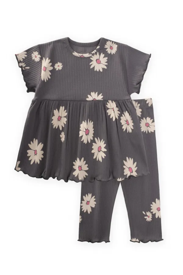 Desenli Fitilli Tunik Takım 1-8 Yaş Gri
