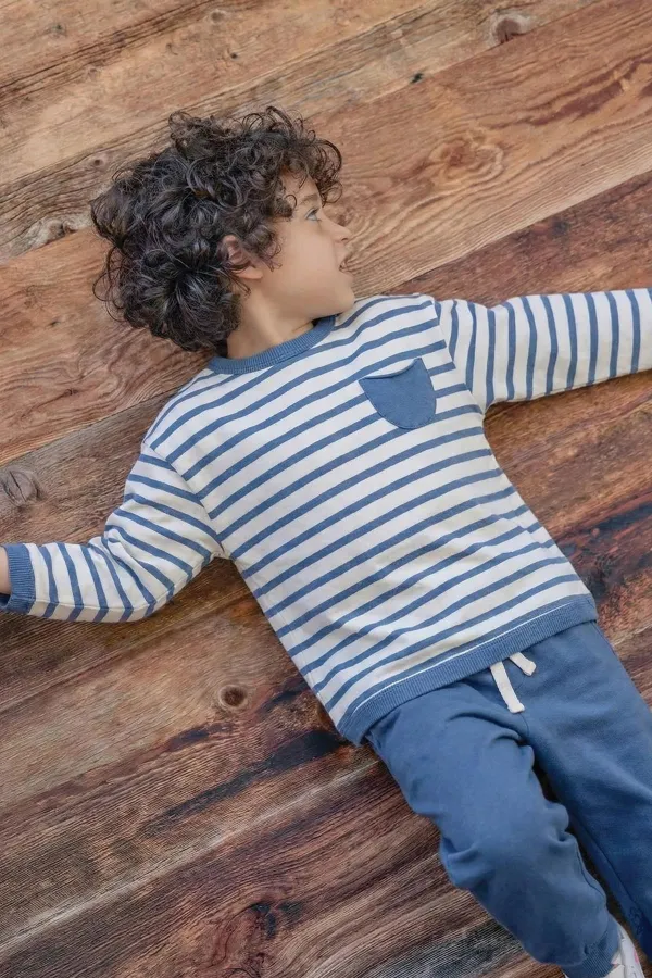 Çizgili Sweatshirt Takım 1-7 Yaş İndigo Mavi