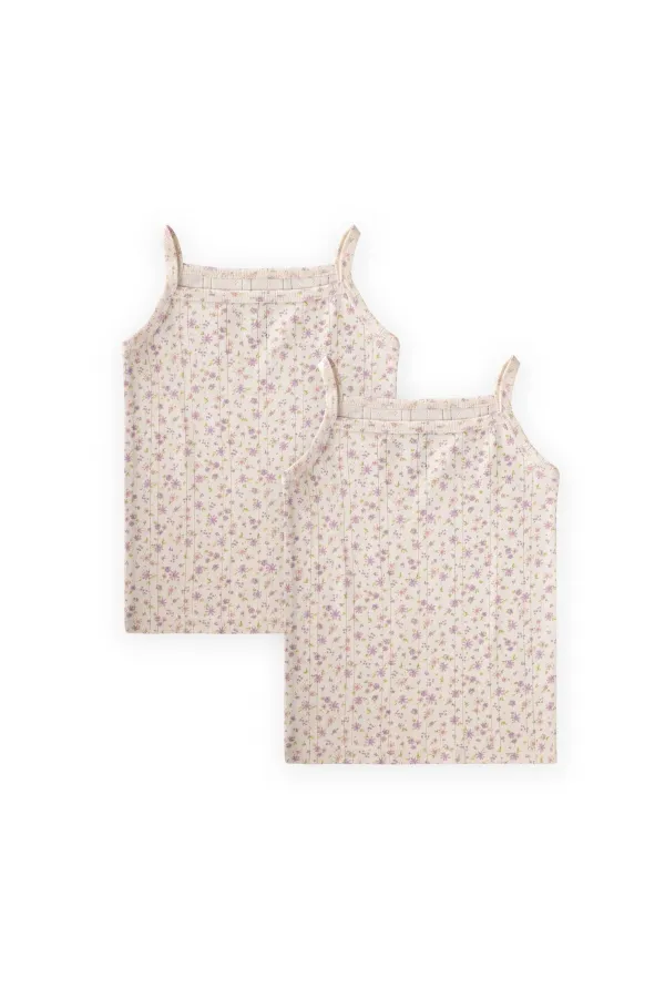 İkili İp Askılı Kız Atlet 2-11 Yaş Ekru Lila Çiçek Desen