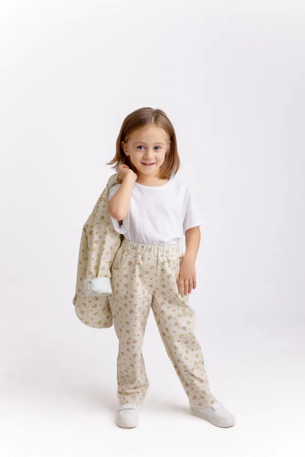Çiçekli Gabardin Pantolon 2-7 Yaş Ekru Çiçekli