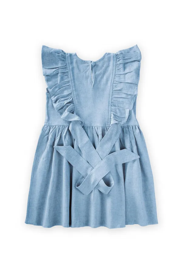 Yanları Bağcıklı Keten elbise 2-7 Yaş Mavi