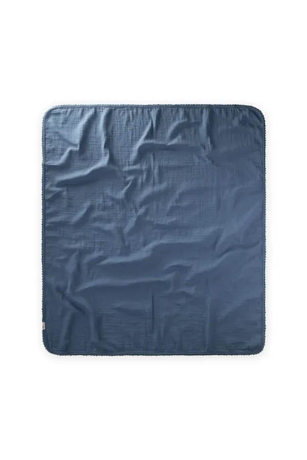 Double Layer Muslin Baby Blanket with Pom-Pom Trim, 100x100 cm +/- 3 cm, Indigo Blue