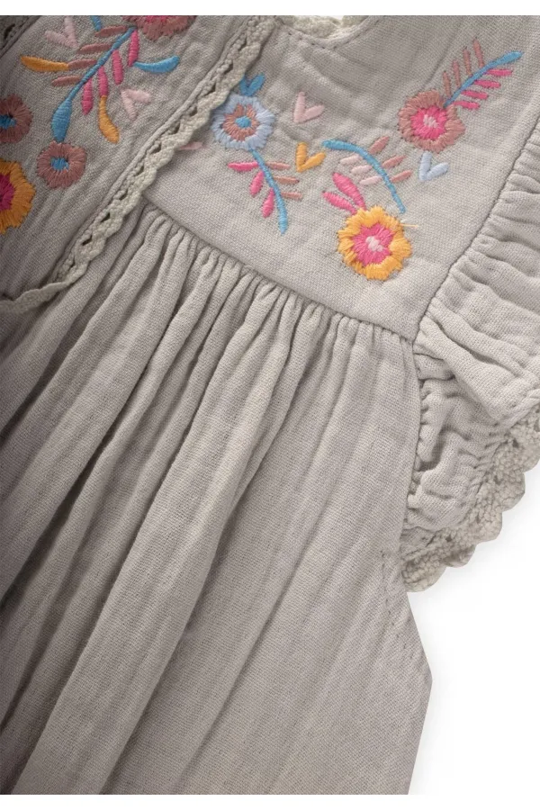 Nakışlı Organik Müslin Elbise 2-8 Yaş Su Yeşili