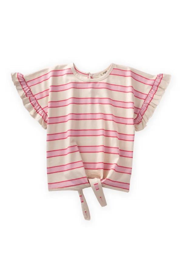 Çizgili Bağlamalı Kız T-Shırt 3-10 Yaş Pudra Geniş Çizgili