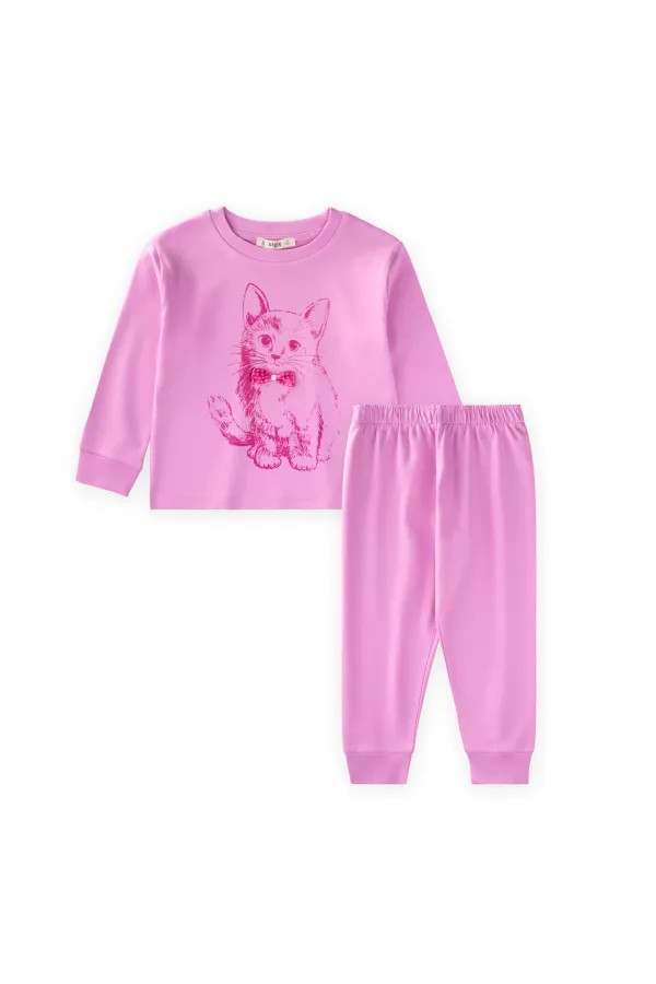 Ensemble pyjama à imprimé chat pour enfants de 2 à 8 ans, rose
