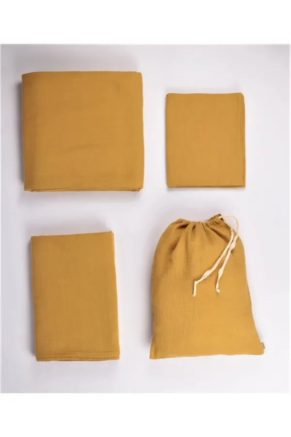 Parure de lit en mousseline avec pochette 100 x 135 cm +/- 3 cm, drap-housse 120 x 150 cm, taie d'oreiller 35 x 45 cm, jaune moutarde
