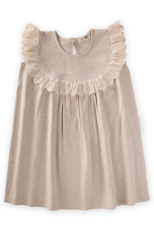 Robadan Dantelli Keten Bluz 2-7 Yaş Naturel