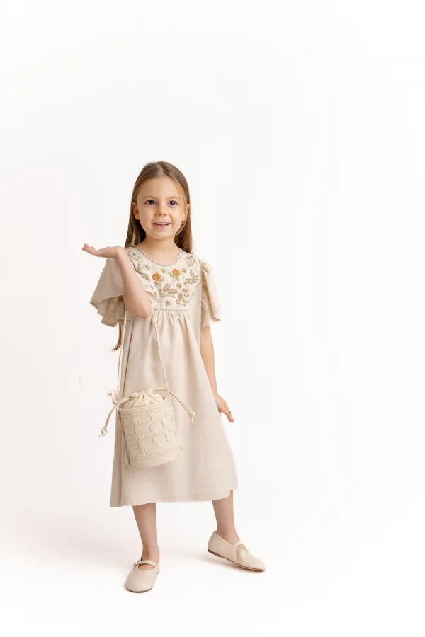 Robası Nakışlı Keten Elbise 2-7 Yaş Naturel