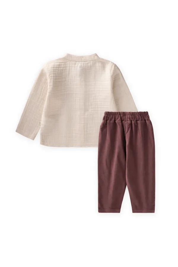 Organik Müslin Gömlekli Kadife Takım 0-4 Yaş Naturel
