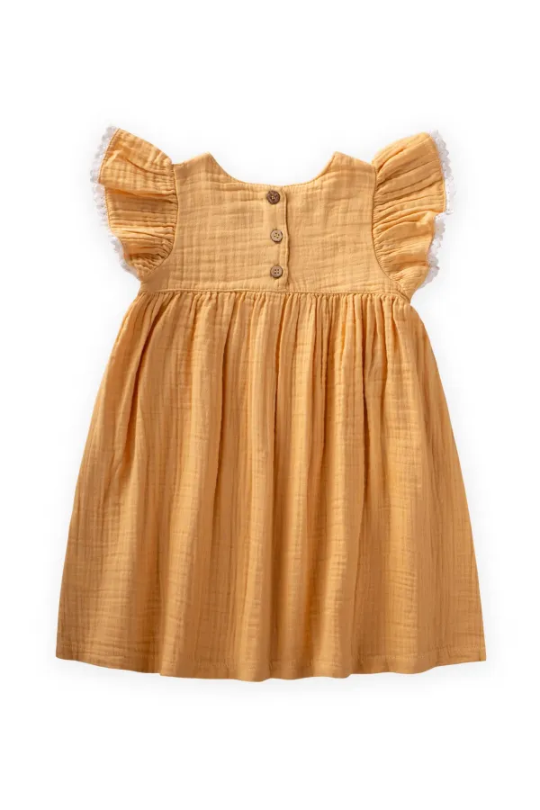 Organik Nakışlı Müslin Kız Elbise 2-10 Yaş Pastel Sarı