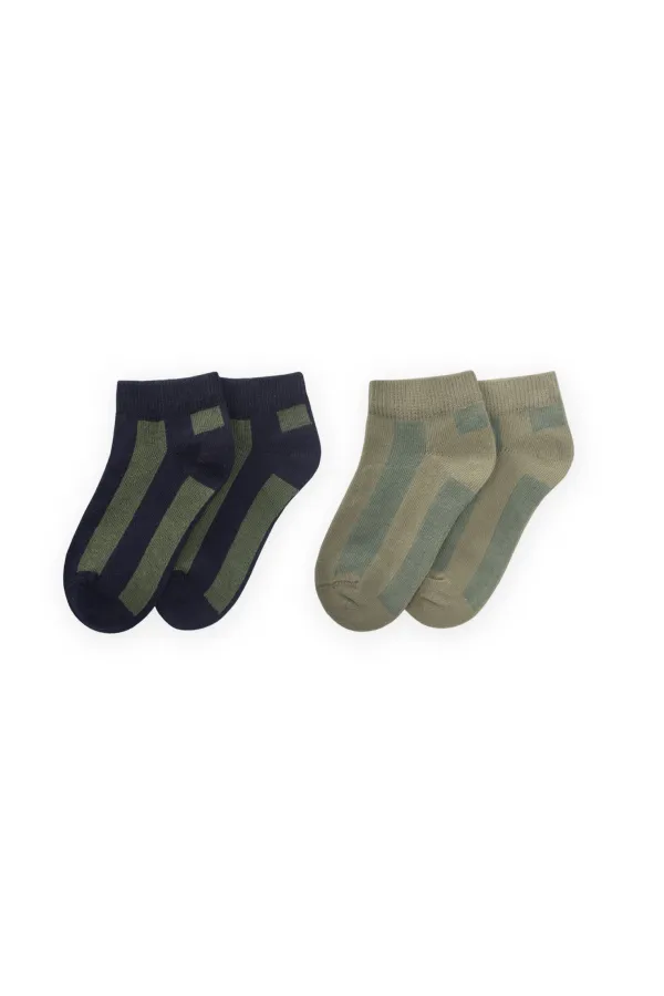 Double Striped Ankle Socks, Ages 5-12, Navy Blue - Light Green
