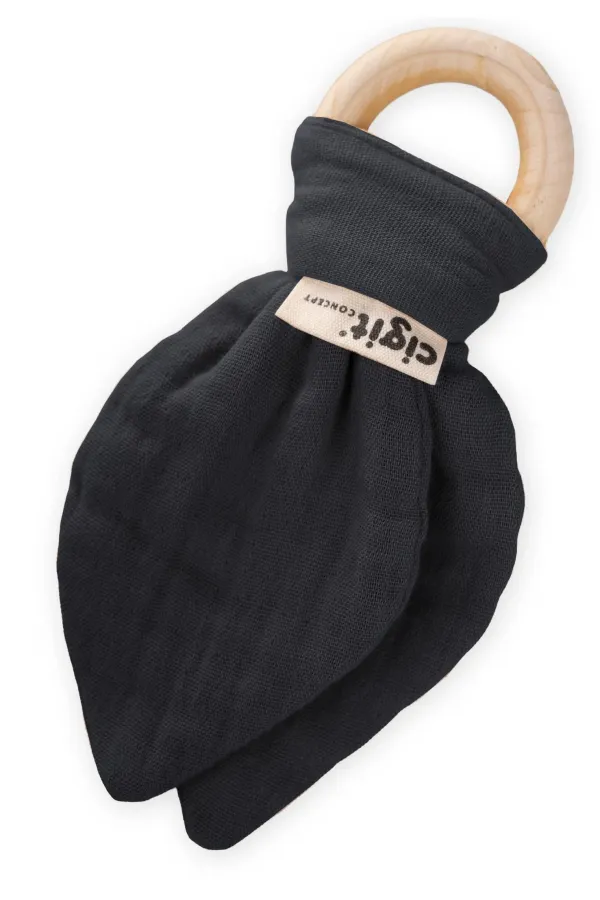 Wooden Muslin Fabric Teething Toy, Anthracite