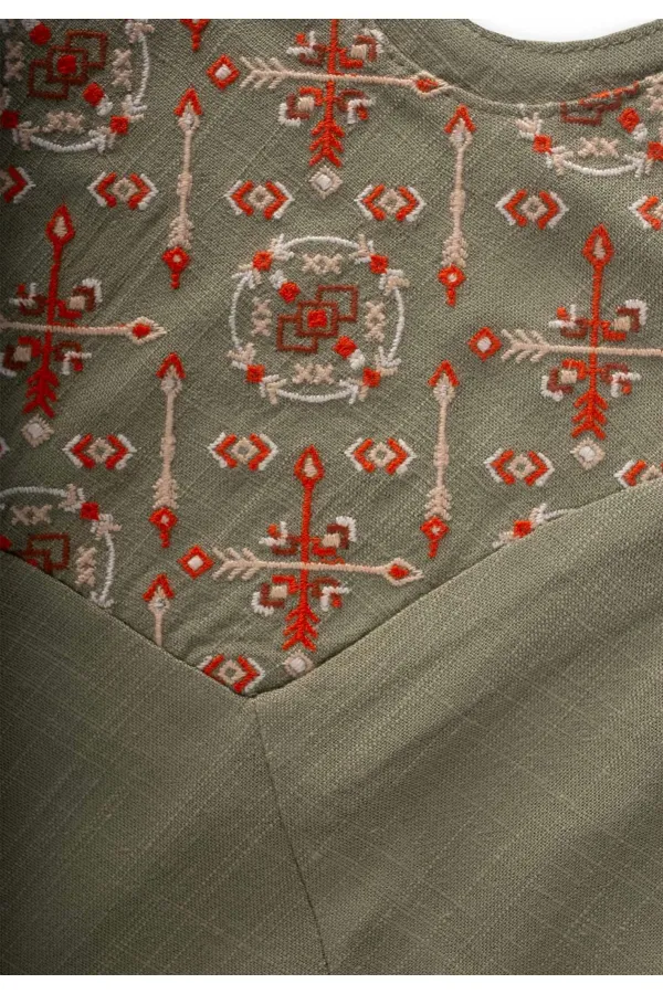 Roba Komple Nakışlı Keten Salopet 2-7 Yaş Haki Yeşil