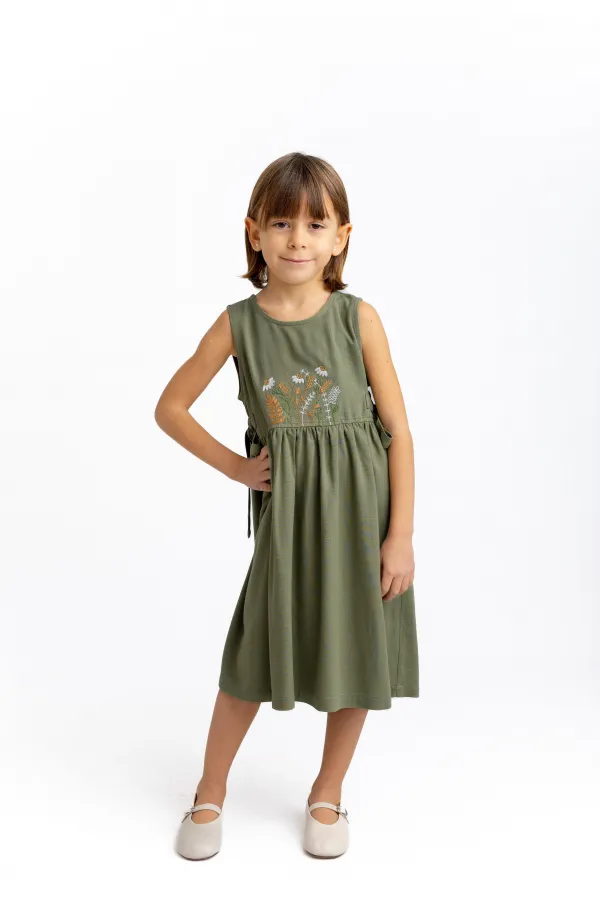 Robe en lin brodée à nouer sur le côté, pour enfants de 2 à 7 ans, kaki vert