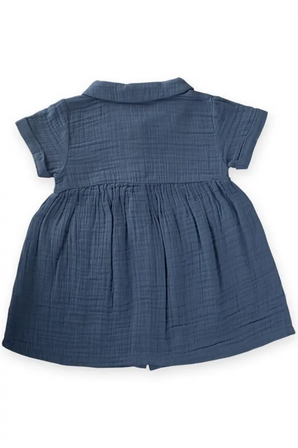 Bebe Yakalı Robası Büzgülü Müslin Elbise 1-7 Yaş İndigo Mavi