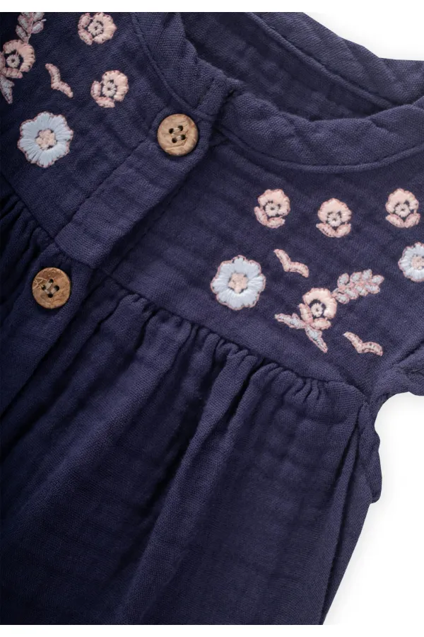 Organik Nakışlı Müslin Tulum 0-3 Yaş Lacivert