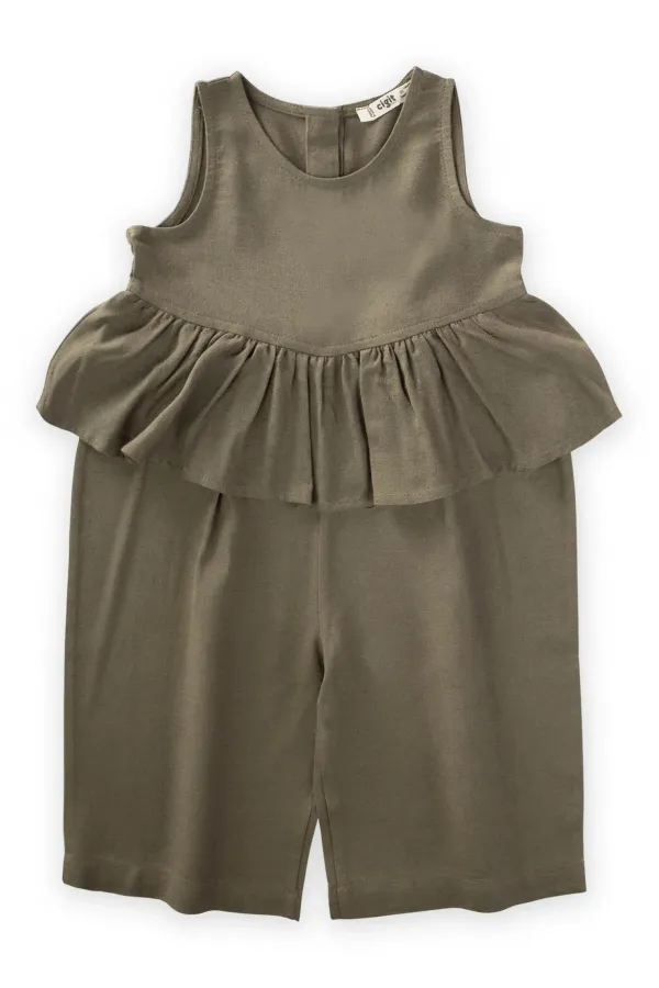 Beli Volanlı Keten Tulum 2-7 Yaş Haki Yeşil
