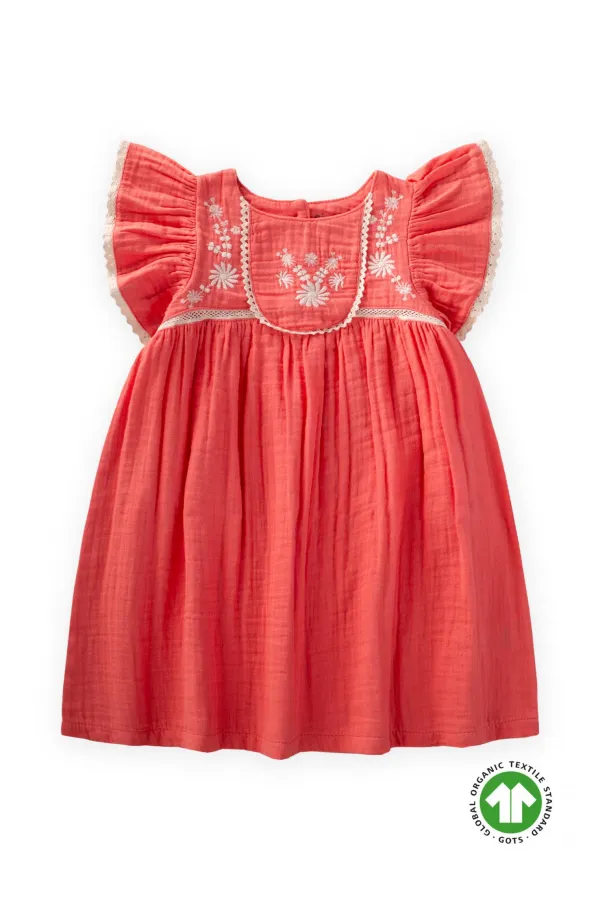 Organik Nakışlı Müslin Kız Elbise 2-10 Yaş Mercan