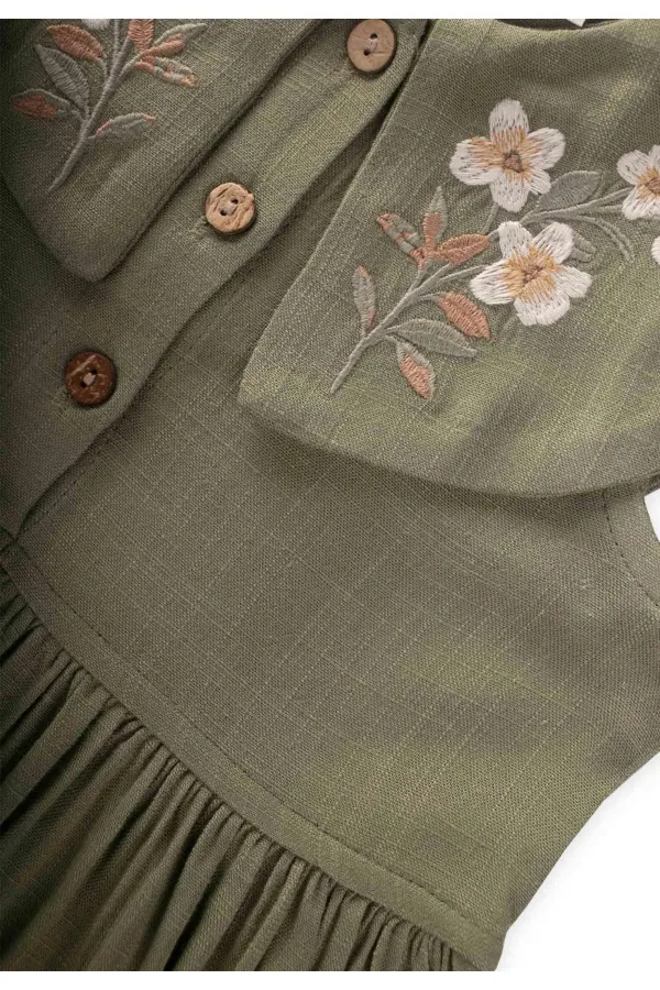 Nakışlı Roba Yaka Keten Elbise 2-7 Yaş Haki Yeşil