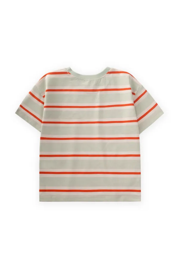 T-shirt à larges rayures brodées pour enfants de 2 à 10 ans, rayures orange menthe