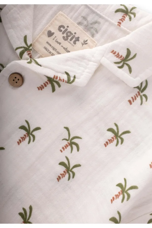 Palm Tree Patterned Shirt Set 2-10 Years Old Ecru