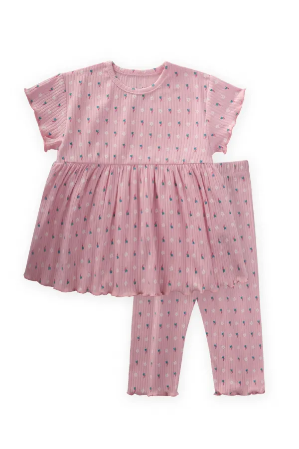 Patterned Corduroy Tunic Set for 1-8 Years Old Pink