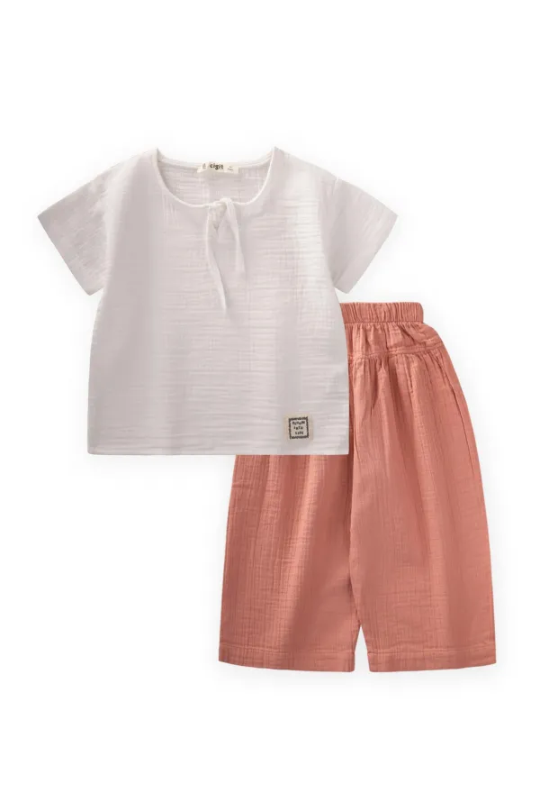 Muslin Suit with Wide Trousers for 2-7 Years Old White Dusty Rose