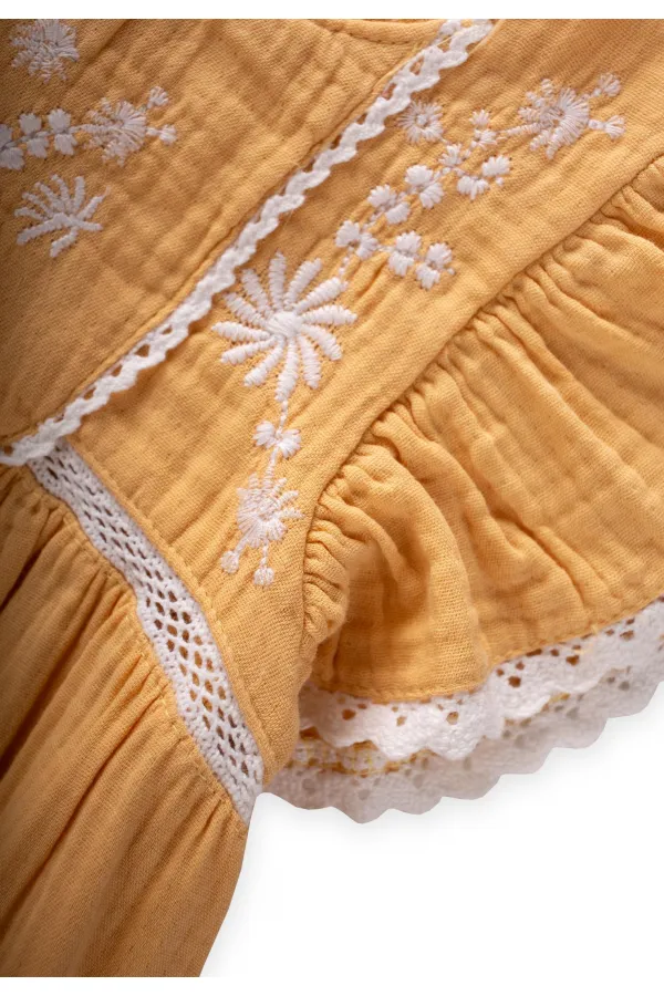 Organik Nakışlı Müslin Kız Elbise 2-10 Yaş Pastel Sarı