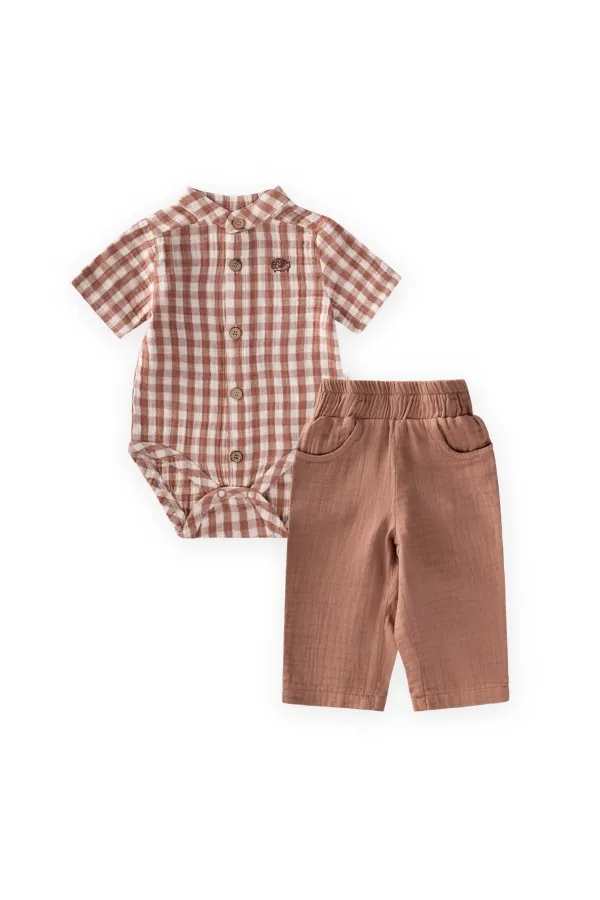 Ensemble chemise et body 0-3 ans, motif à carreaux café
