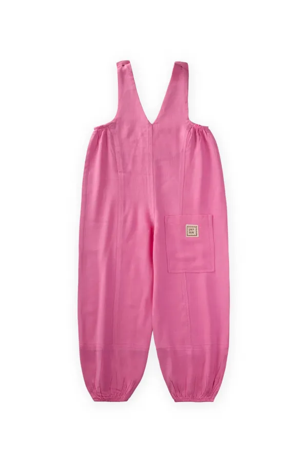 V-Neck Elasticated Linen Overalls for 2-7 Years Pink