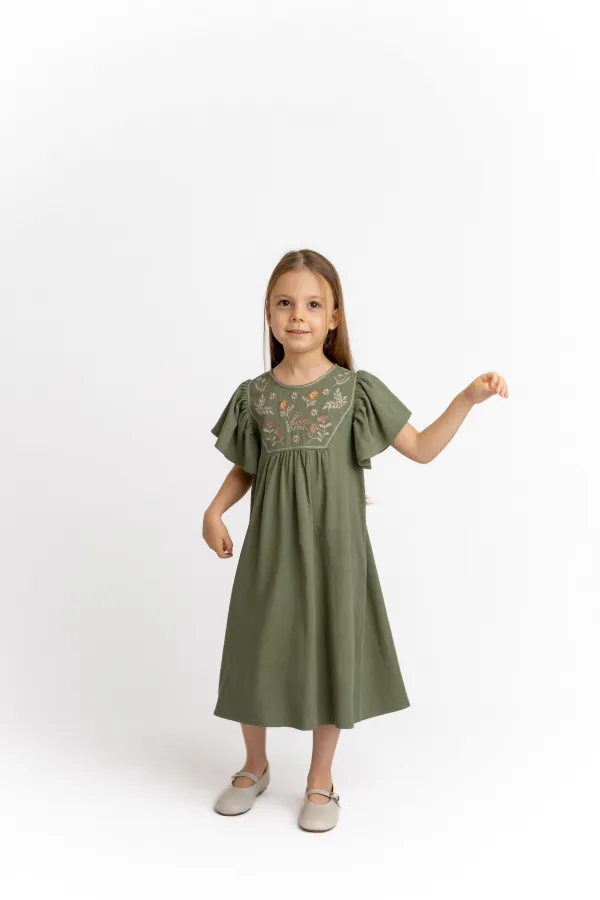 Embroidered Linen Dress for 2-7 Years Old Khaki Green