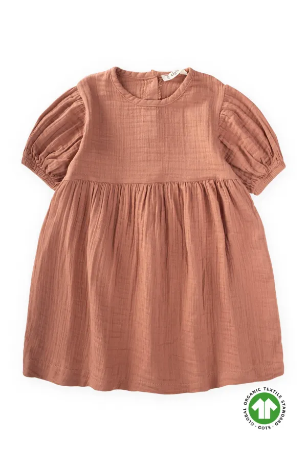 Organic Balon Kollu Müslin Elbise 2-10 Yaş Açık Kahve