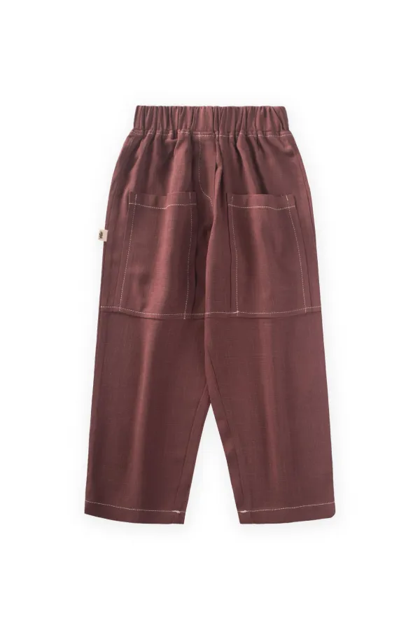 Kontrast Dikişli Keten Pantolon 2-7 Yaş Mürdüm