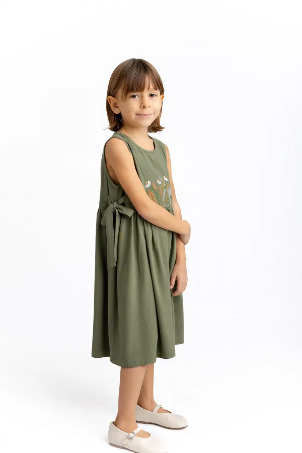 Robe en lin brodée à nouer sur le côté, pour enfants de 2 à 7 ans, kaki vert