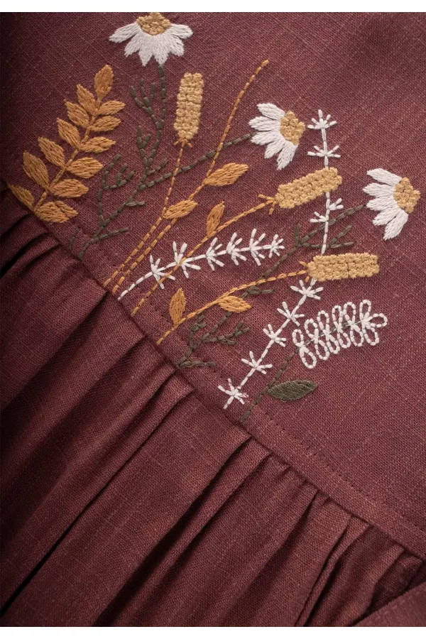 Robe en lin brodée à nouer sur le côté, couleur prune, pour enfants de 2 à 7 ans