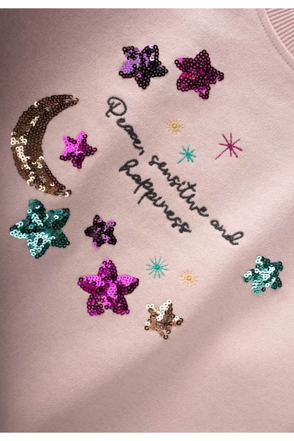Sequined Crescent Moon and Star Embroidered Sweatshirt, Ages 2-8, Powder Pink