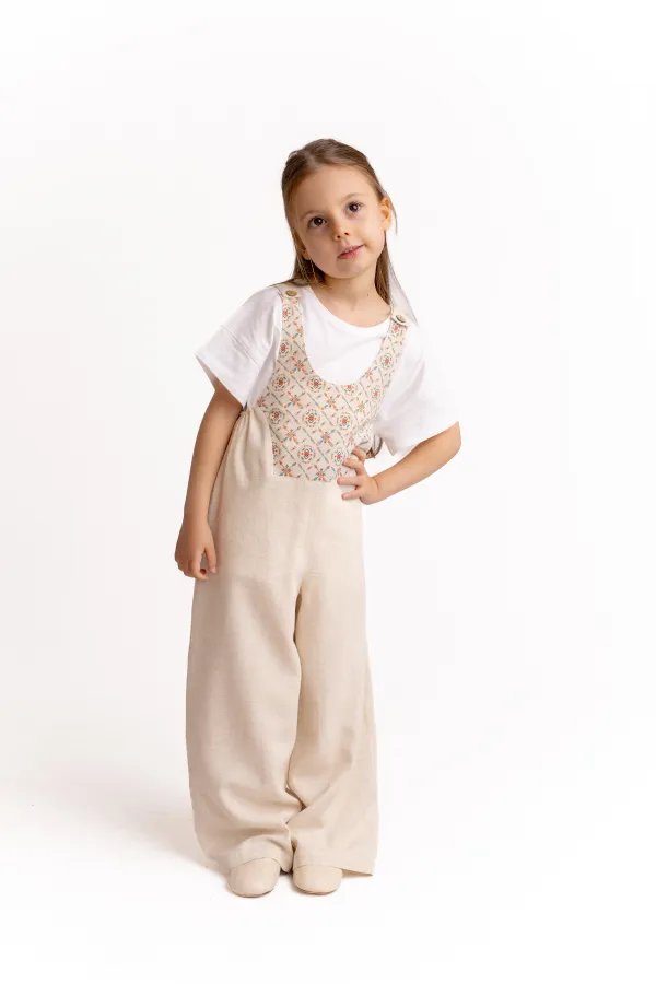 Robe Fully Embroidered Linen Overalls 2-7 Years Natural
