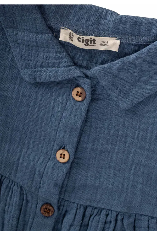 Bebe Yakalı Robası Büzgülü Müslin Elbise 1-7 Yaş İndigo Mavi