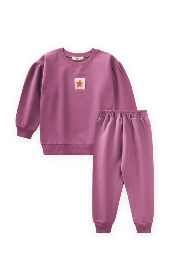 Tag Detailed Sweatshirt Set for 1-7 Years Old Fuchsia