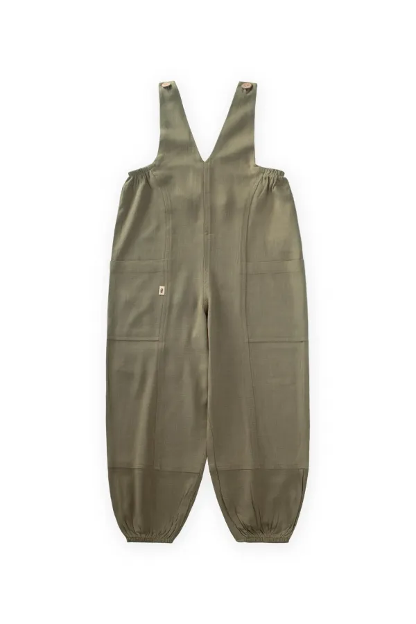 V-Neck Elasticated Linen Overalls for 2-7 Years Old Khaki Green