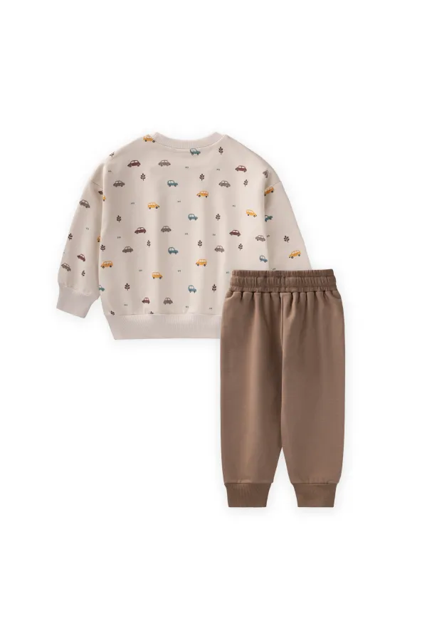 Araba Baskılı Sweatshirt Takım 1-5 Yaş Bej