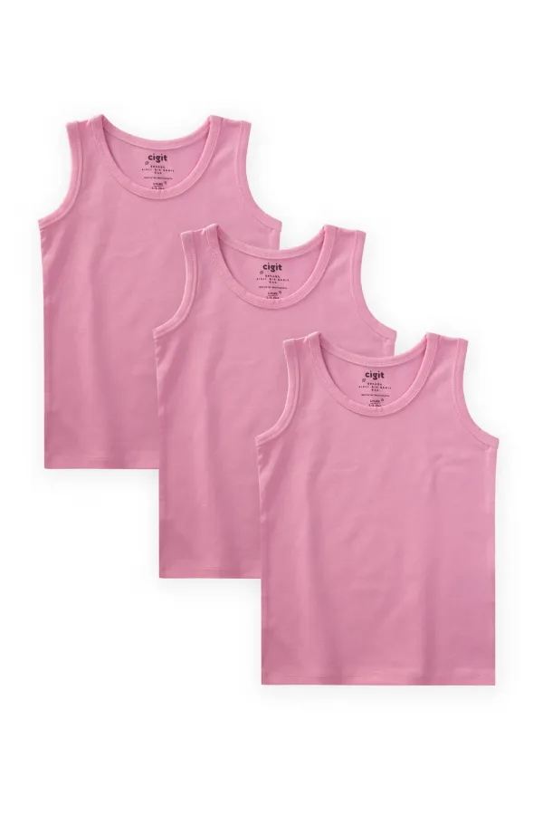 Üçlü Geniş Askılı  Kız Atlet 2-9 Yaş Şeker Pembe