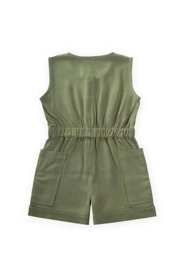Salopette courte en lin kaki avec poches latérales pour enfants de 2 à 7 ans
