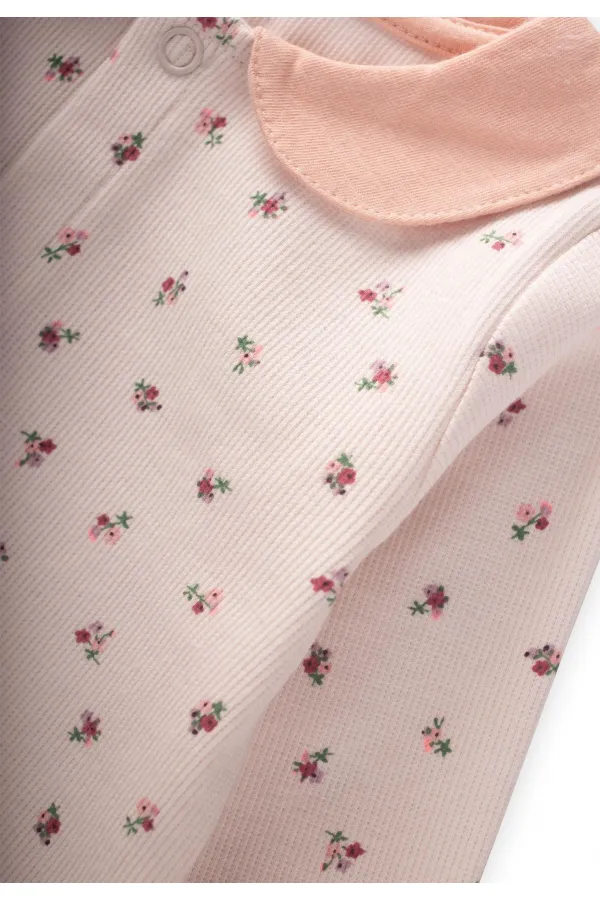 Crispy Floral Patterned Baby Collar Jumpsuit 0-9 Months Ecru