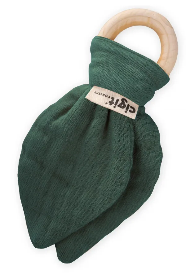 Anneau de dentition en bois et mousseline vert
