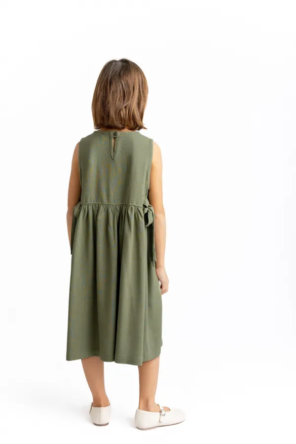Robe en lin brodée à nouer sur le côté, pour enfants de 2 à 7 ans, kaki vert