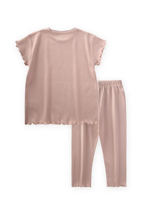 Fiyonklu Yakası İşlemeli Pijama Takım 2-10 Yaş Pudra Pembe
