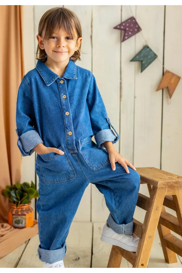 Çift Cepli Kot Tulum 2-7 Yaş Mavi