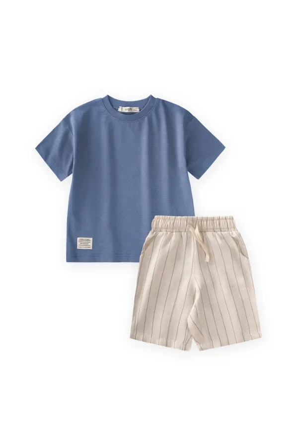 Çizgili Kapri Takım 1-7 Yaş İndigo Mavi
